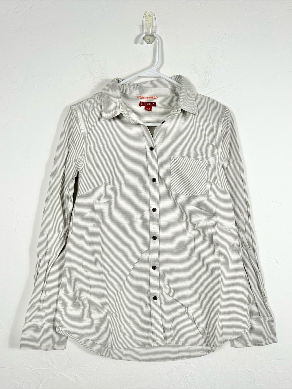 Merona Cotton Gray and White Striped Long Sleeve Button Down Shirt Size Medium